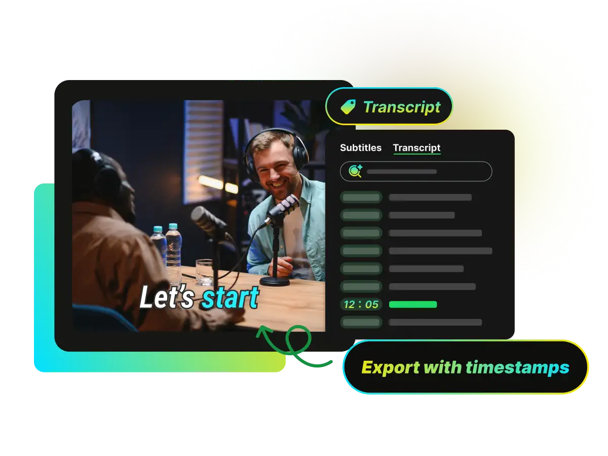 Split screen showing a podcast video alongside a generated searchable transcript with timestamps